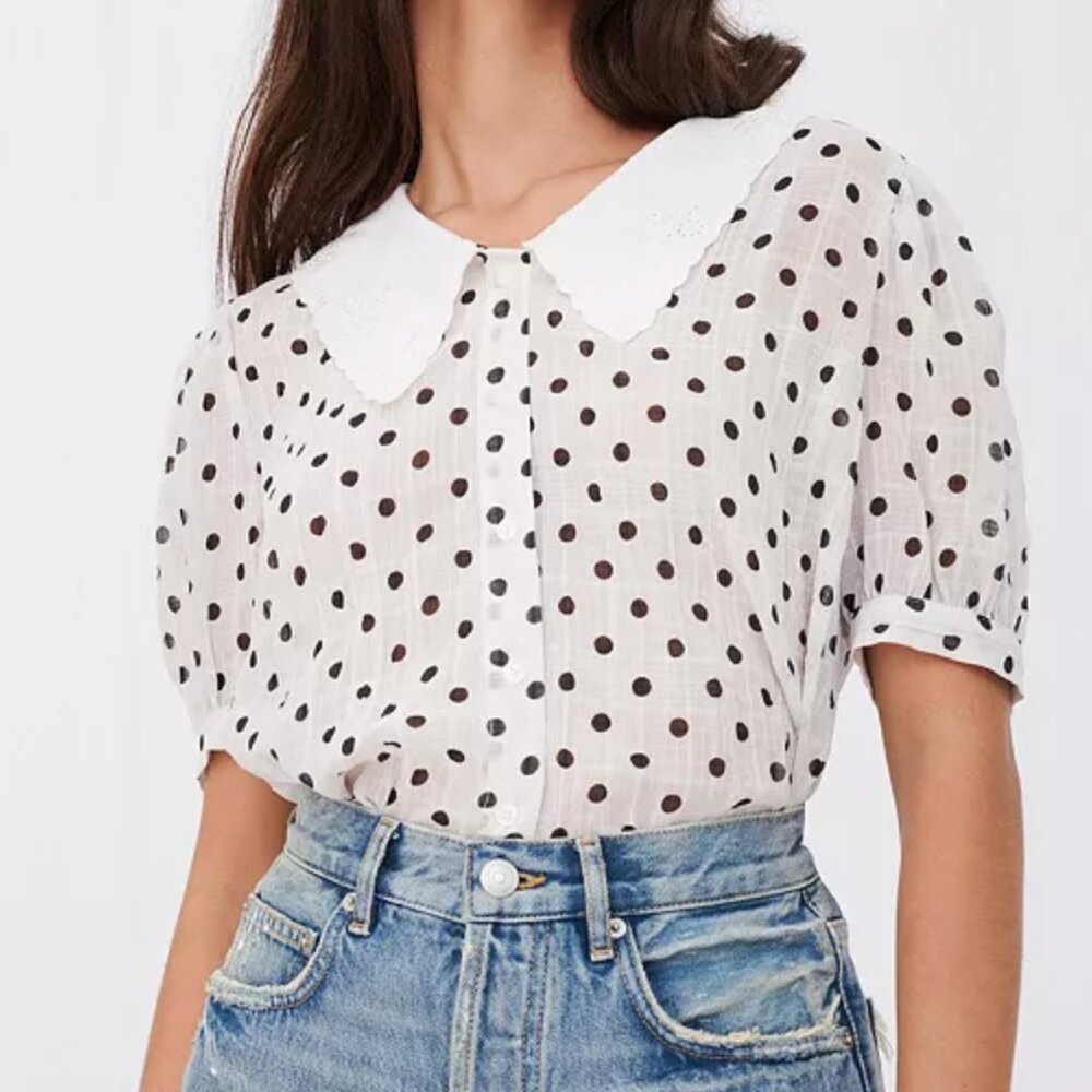 Maje Polka Dot Blouse with Embroidered Collar